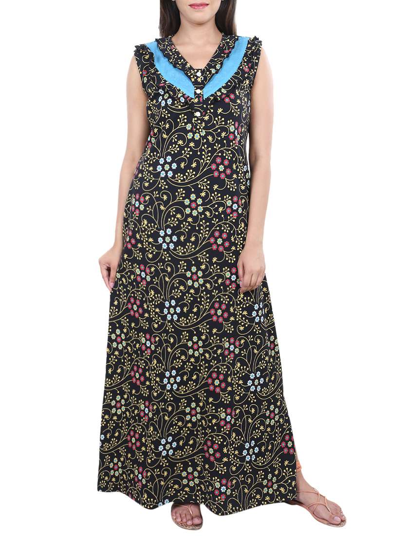 black printed cotton nighty