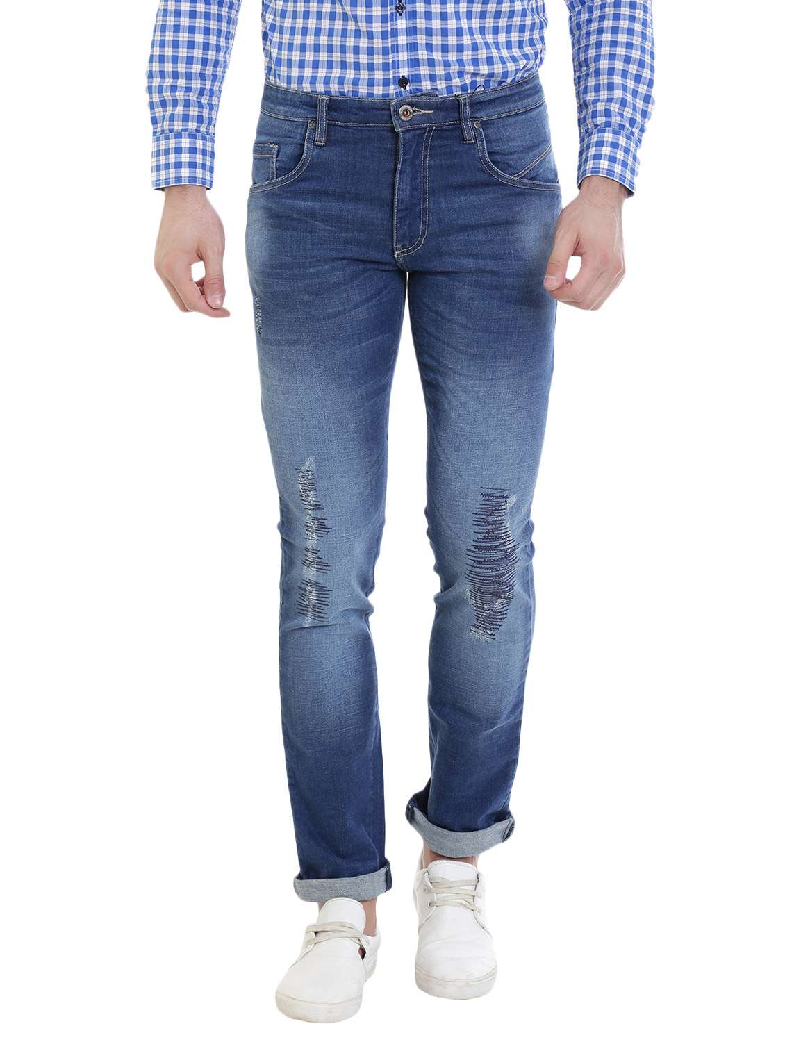 blue cotton ripped jeans