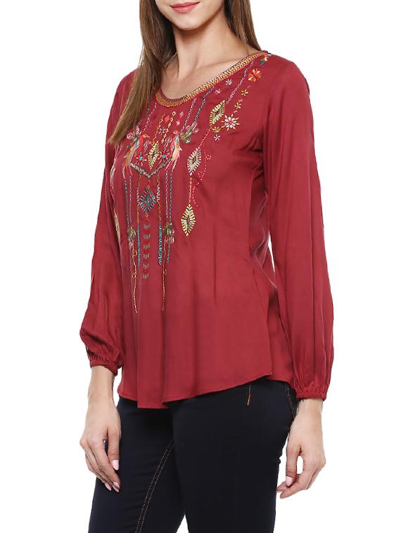 maroon rayon embroidered top - 13712056 -  Standard Image - 1
