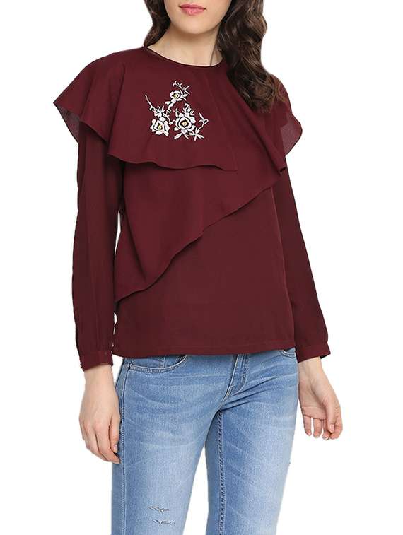 maroon embroidered regular top