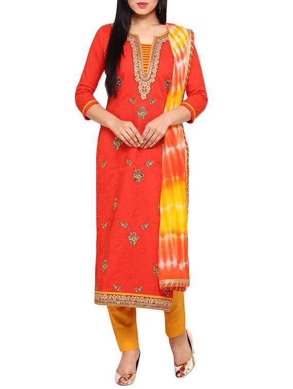 orange cotton blend unstitched suit