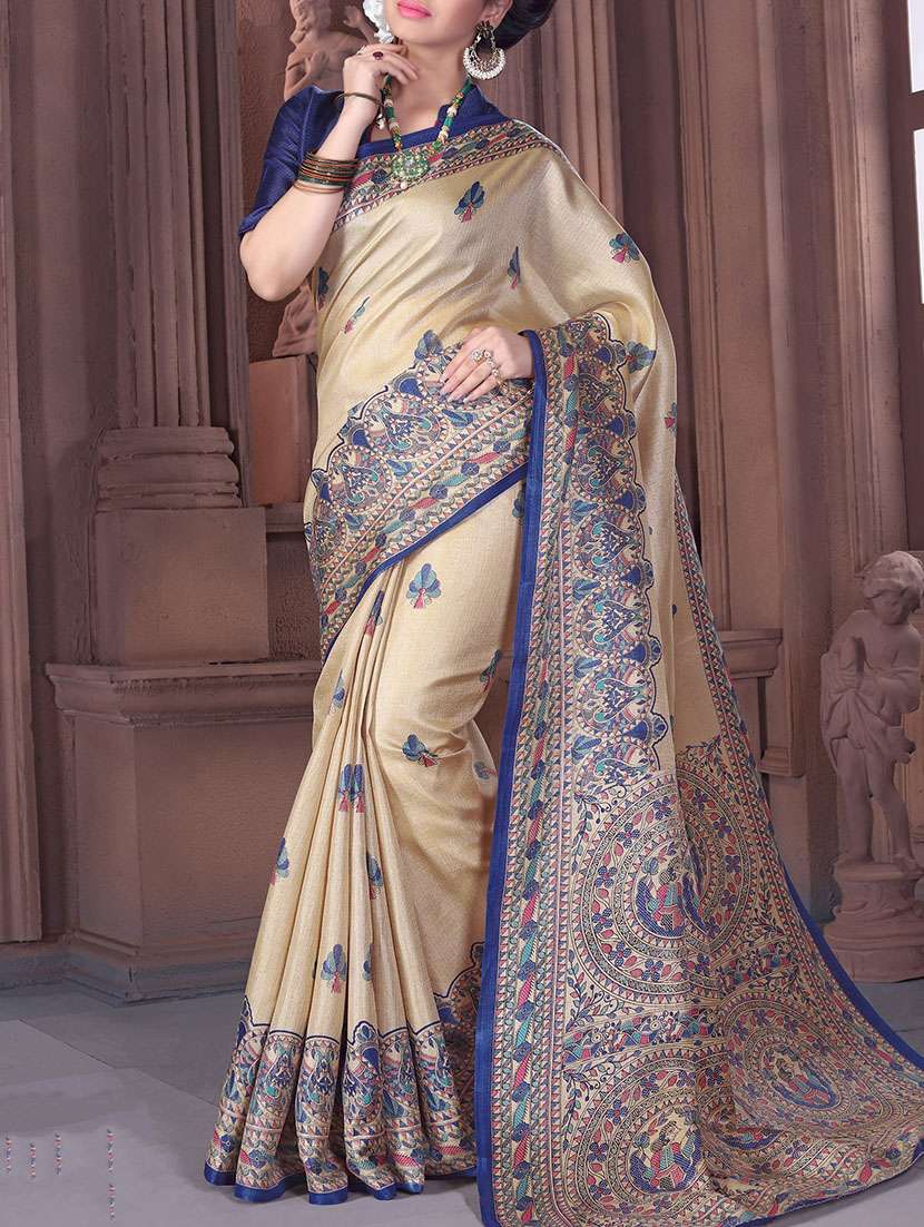 beige khadi silk printed saree with blouse