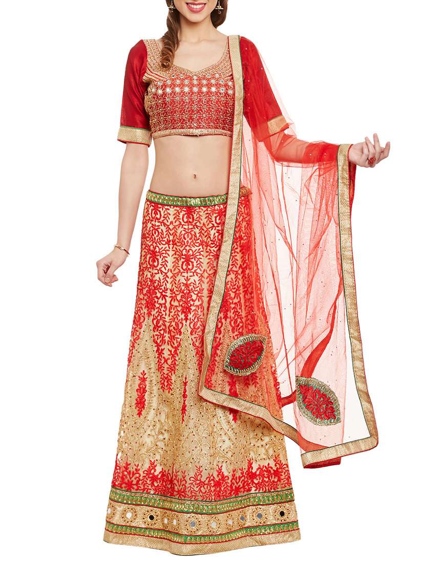 beige & red net embroidered unstitched lehenga