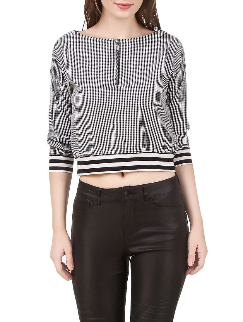 zipper detail checkered crop top