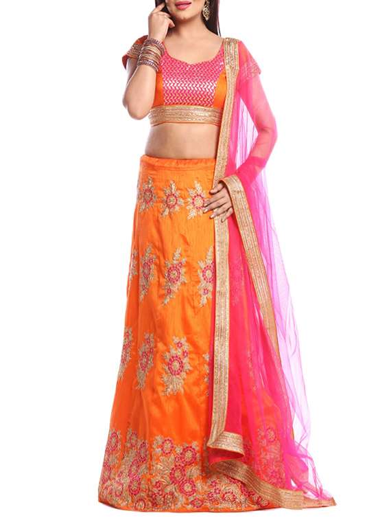 orange silk embroidered unstitched lehenga