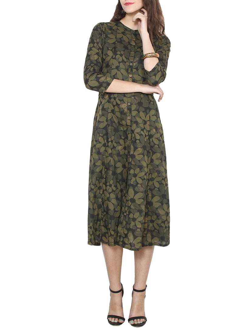 dark green cotton printed a-line kurta