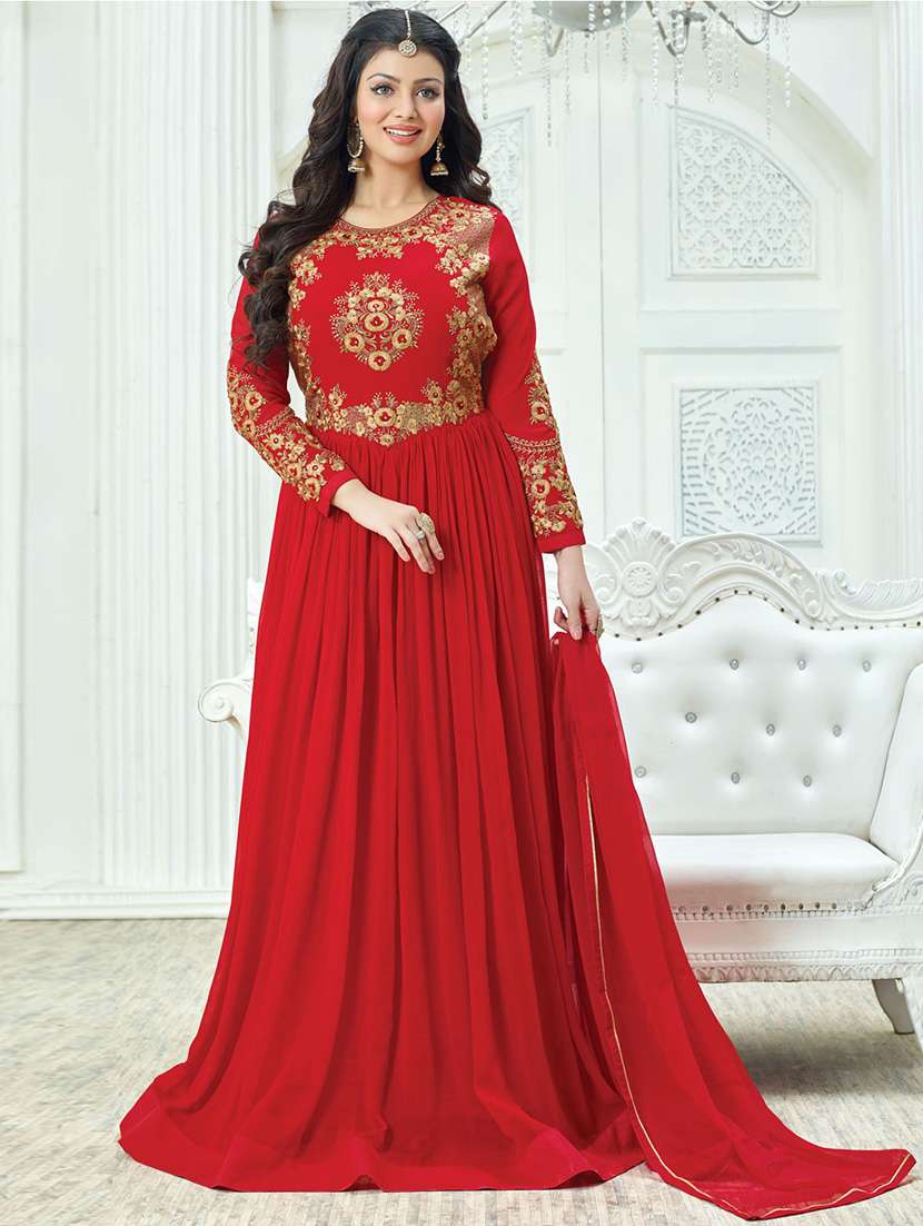 red georgette embroidered flared dress material