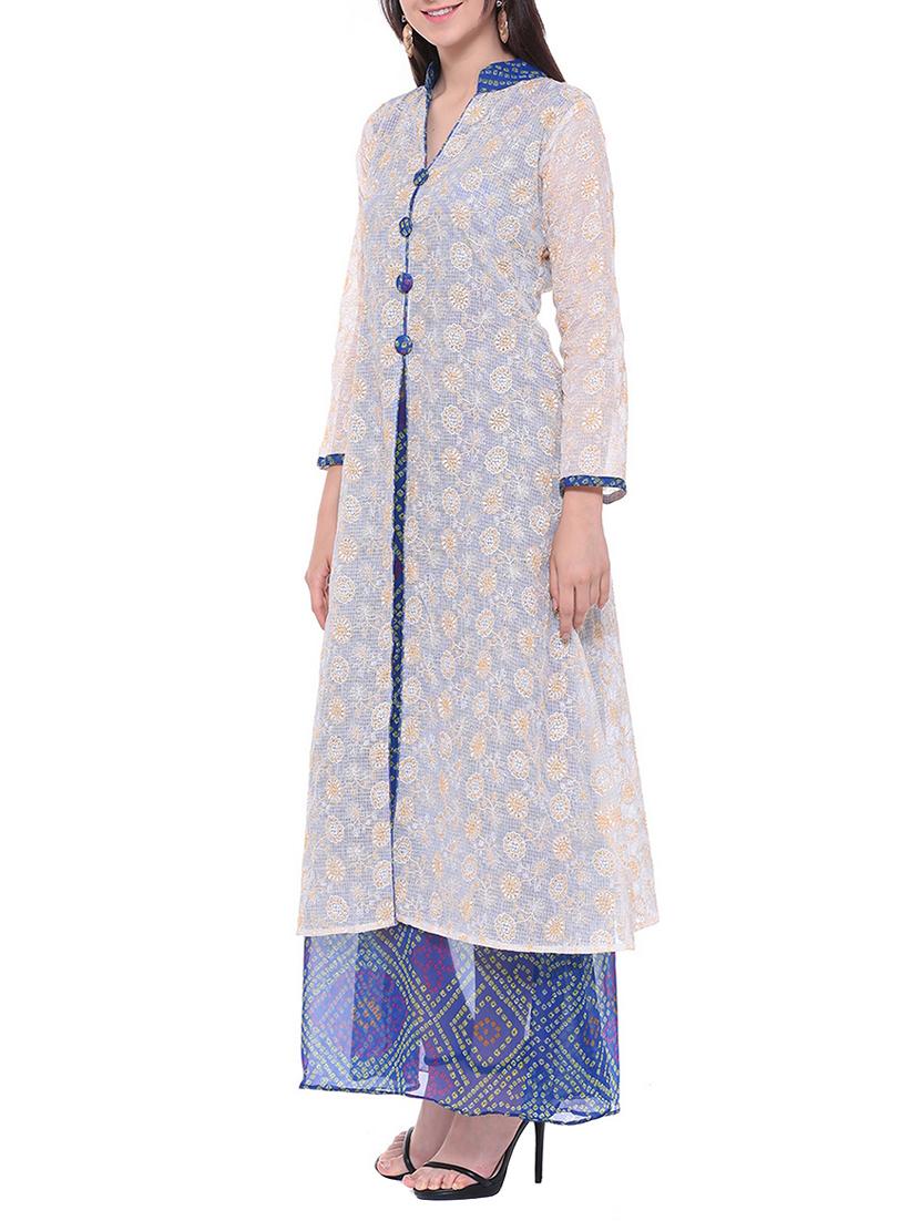 white chanderi printed high slit kurta - 13718849 -  Standard Image - 1