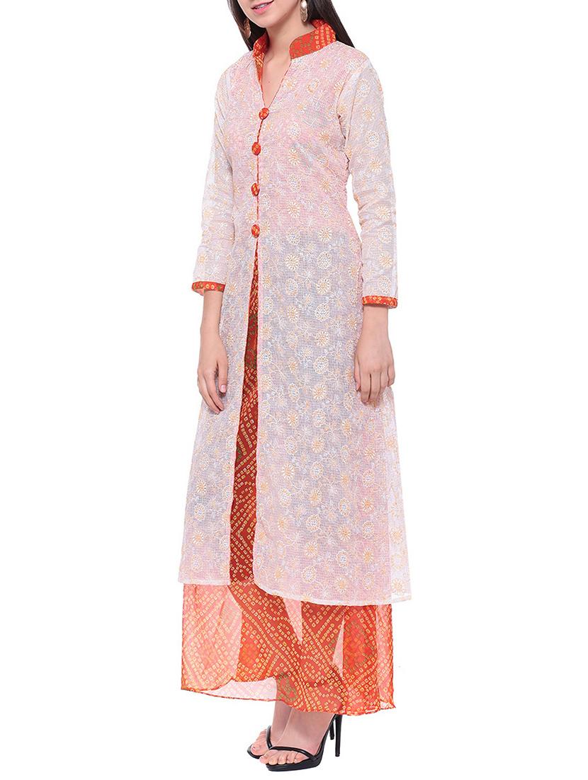 orange chanderi printed high slit kurta - 13718850 -  Standard Image - 1