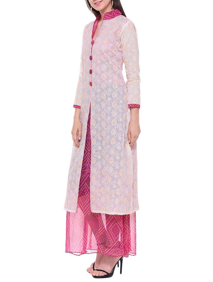 pink chanderi printed high slit kurta - 13718852 -  Standard Image - 1