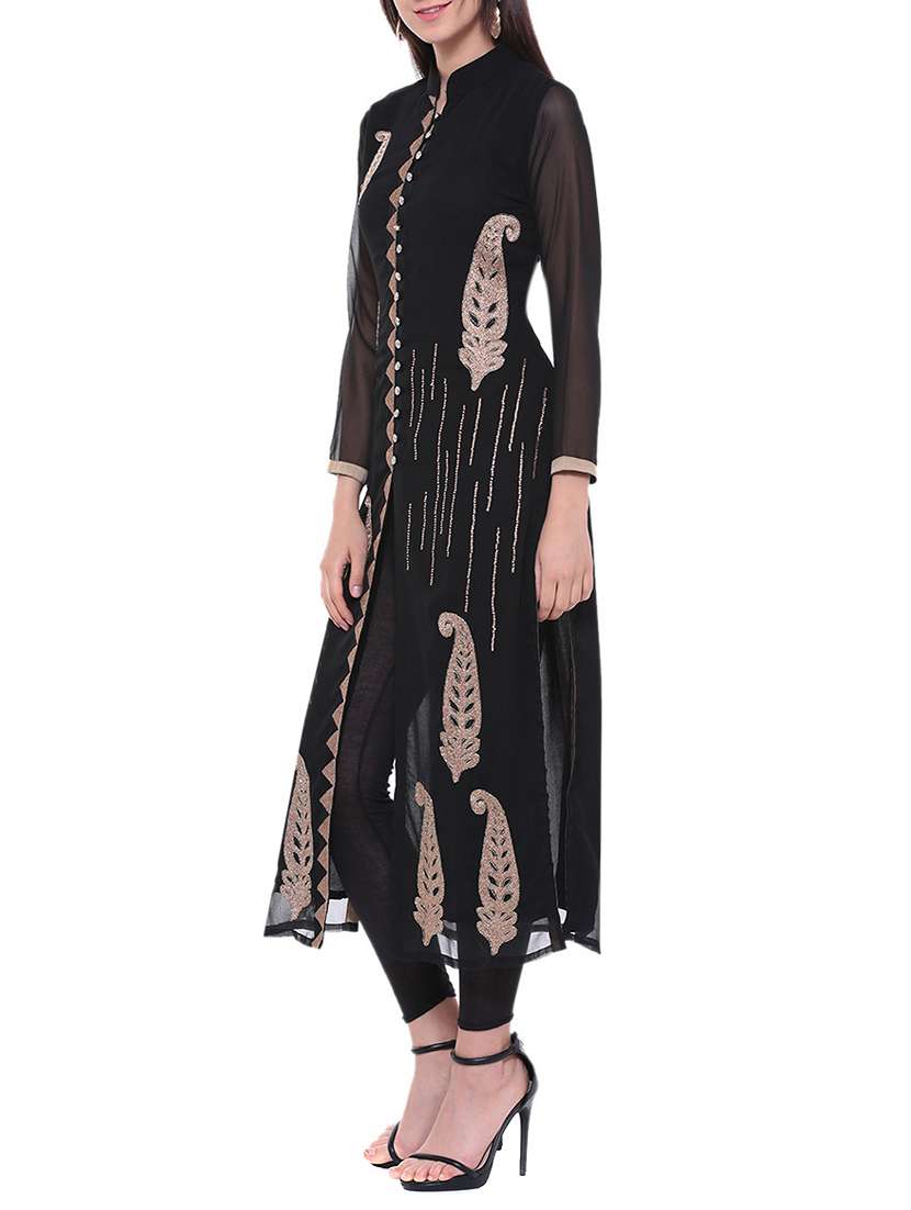 black georgette embroidered long kurta - 13718853 - Standard Image - 1