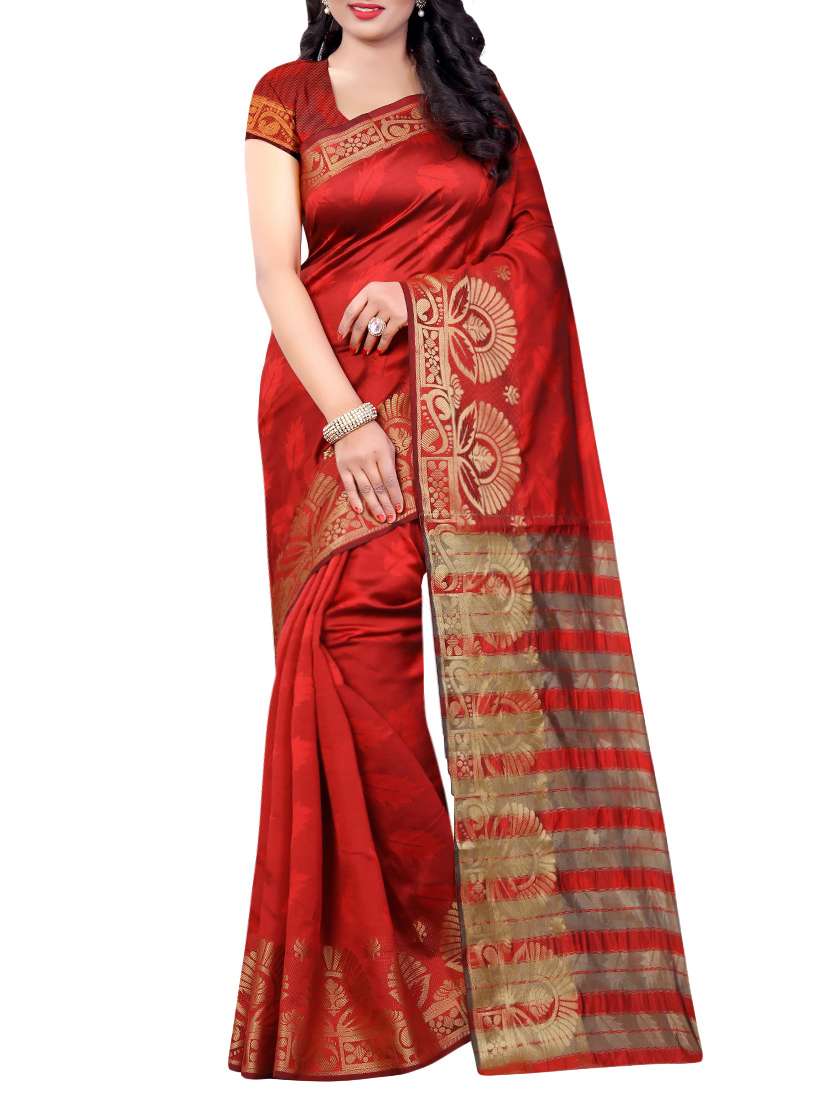 red cotton silk woven saree with blouse