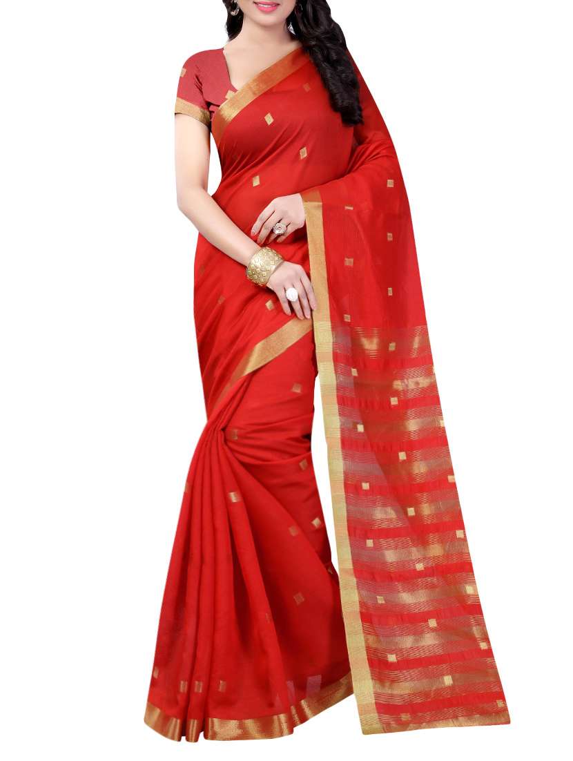 red cotton silk woven saree with blouse