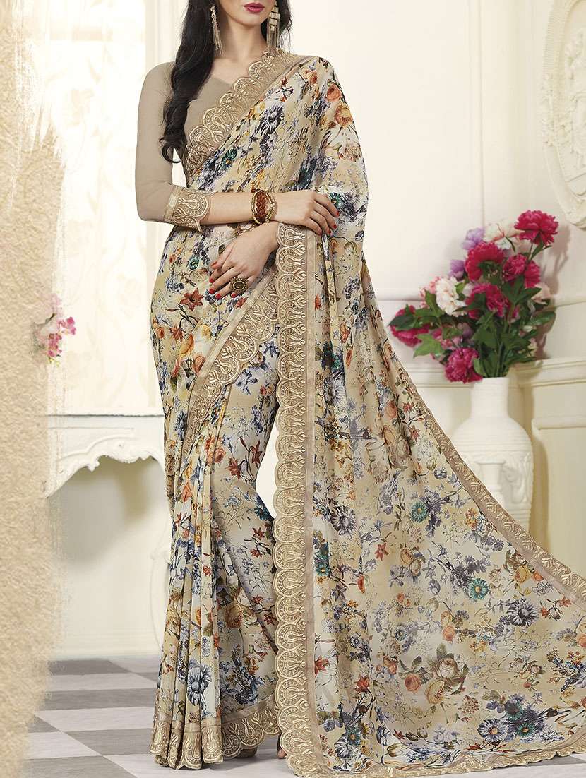 beige georgette printed saree with blouse