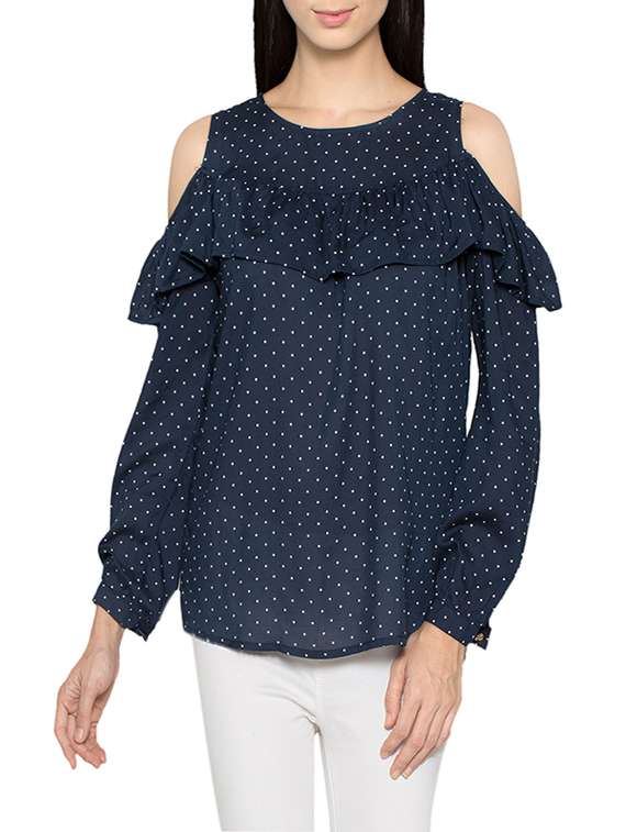 navy blue rayon ruffle top