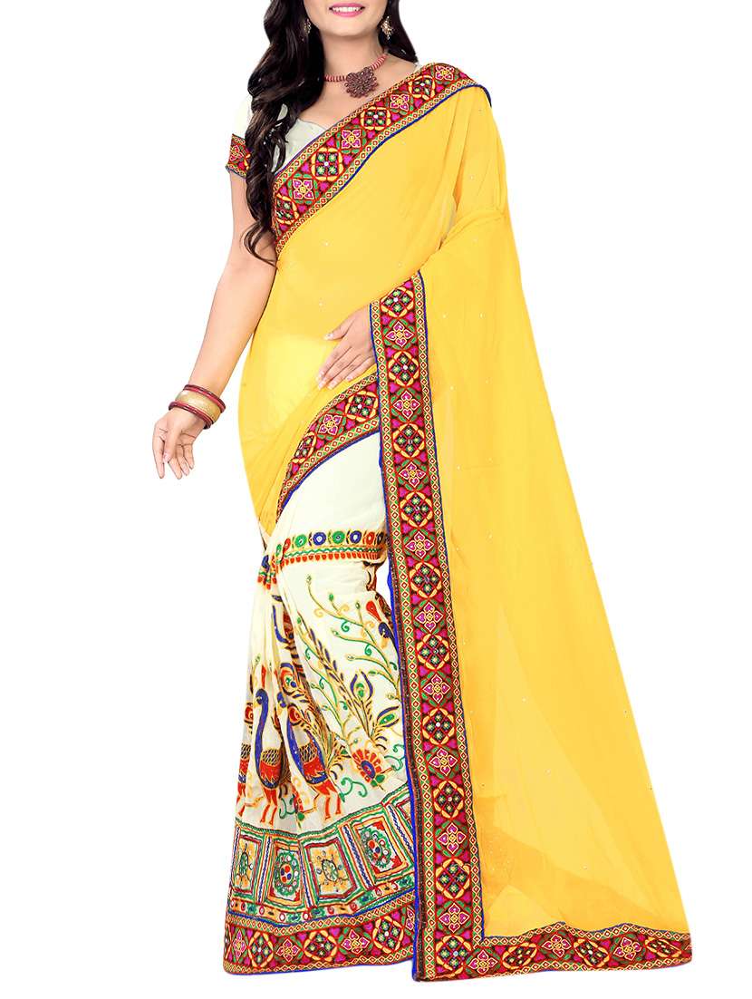women's solid with work yellow colored saree with blouse
