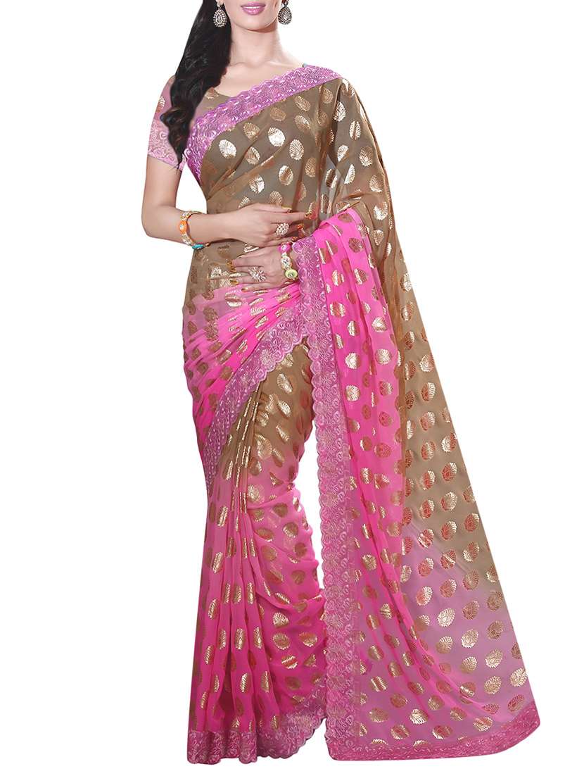 olive green & pink foil printed saree with blouse