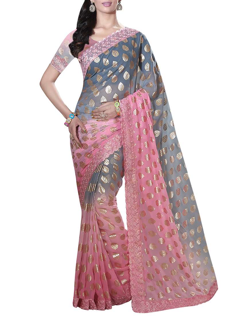 grey & pink chiffon foil printed saree with blouse