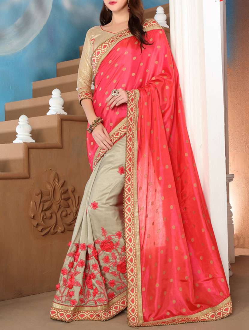 red & beige silk embroidered half & half saree with blouse