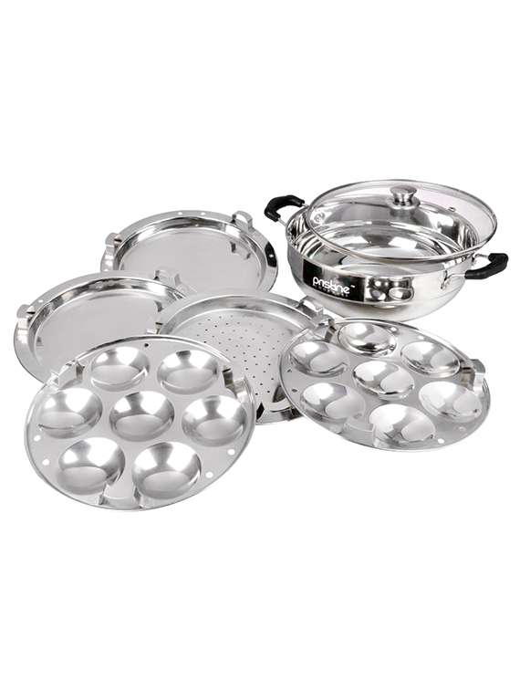 pristine induction s/s multi purpose kadai (2 idli, 3 dhokla, 1 patra plates)