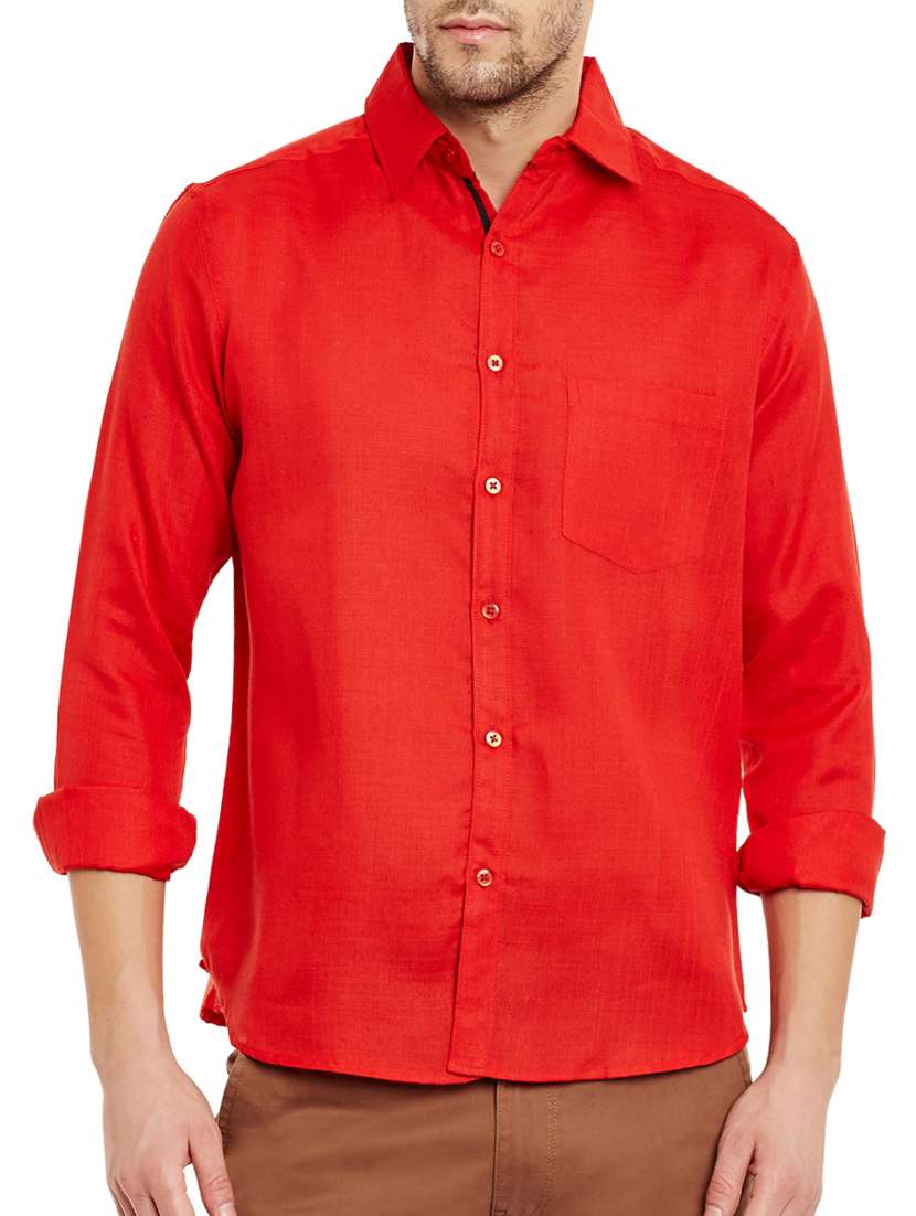 red cotton blend casual shirt