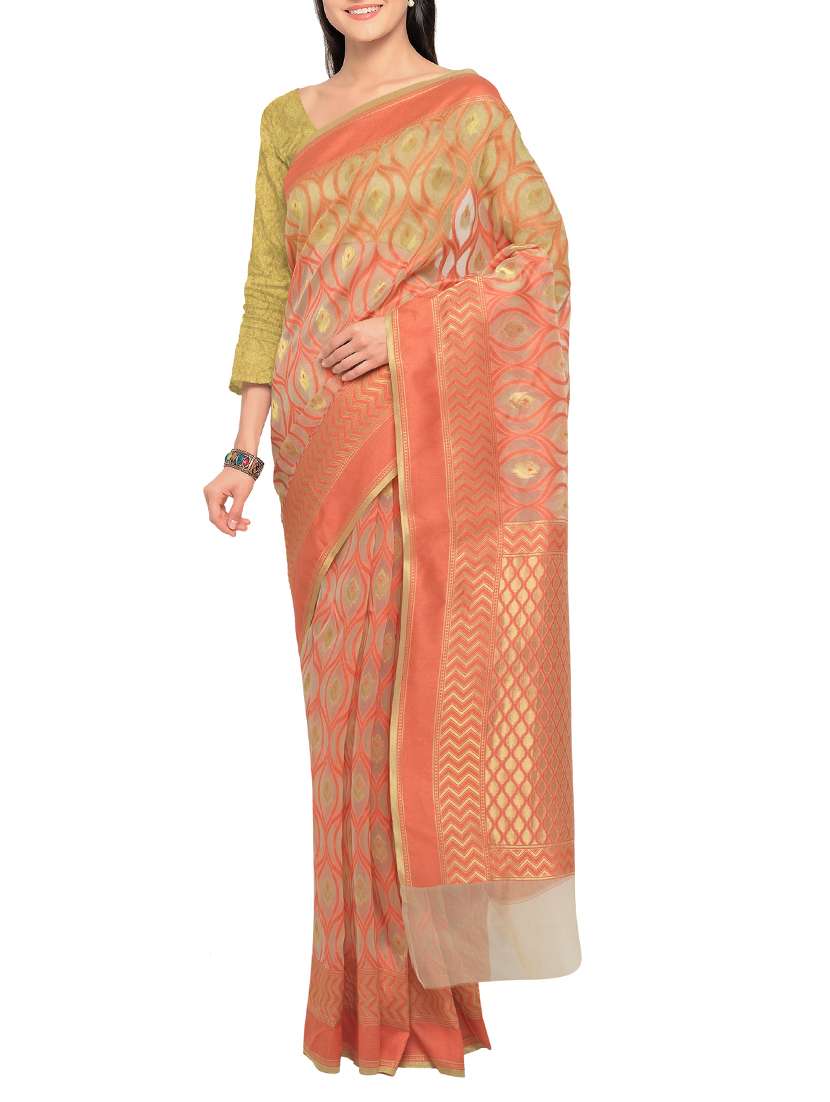 peach organza woven saree with blouse