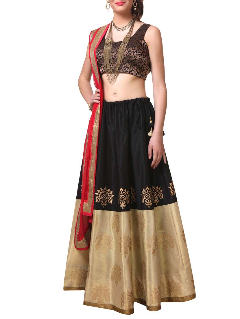 black silk block printed flared lehenga