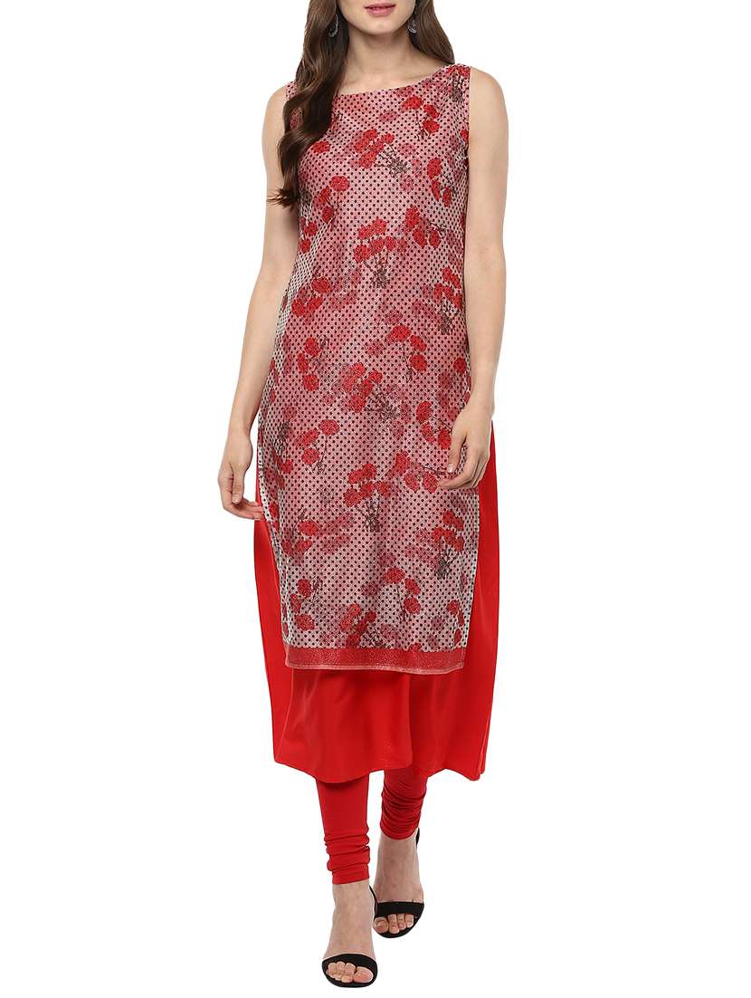 red crepe printed a-line kurta