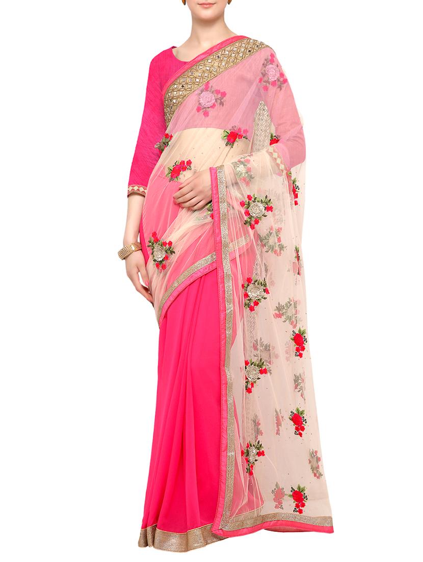 white & pink half & half saree with blouse