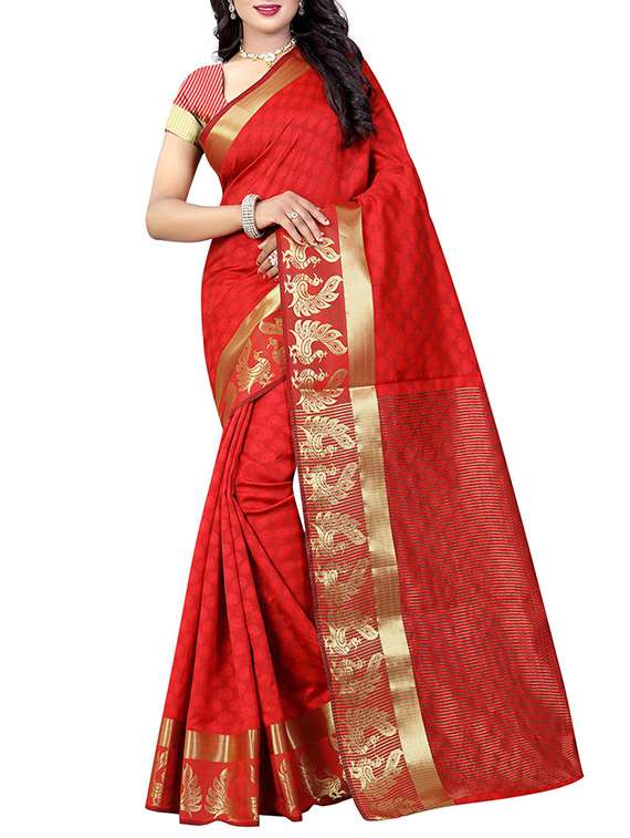 red silk blend woven saree with blouse