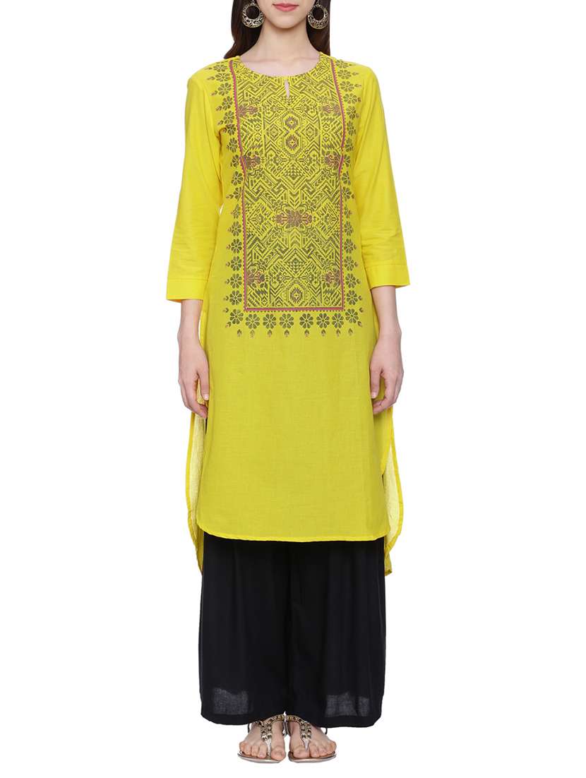 yellow cotton printed high-low kurta