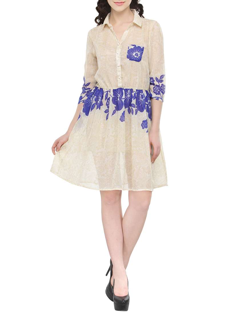 beige printed georgette fit and flare dress