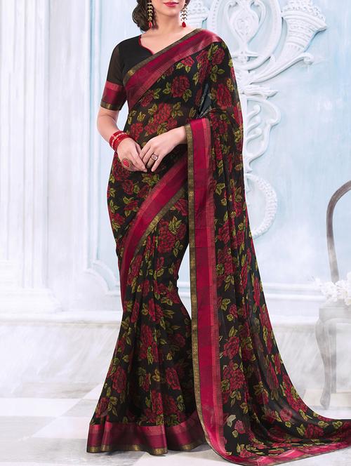 black georgette printed saree with blouse - 13778431 -  Standard Image - 0