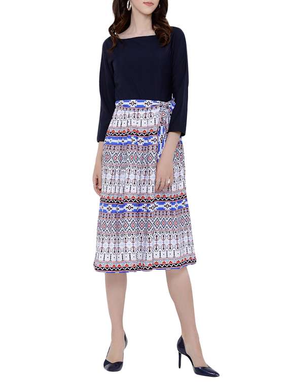 blue printed belted dress