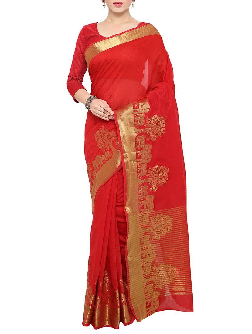 red cotton silk woven saree with blouse