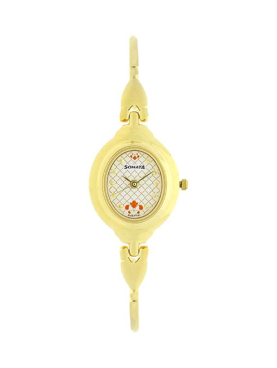 sonata white dial golden color analog watch for  women's - 8092ym01