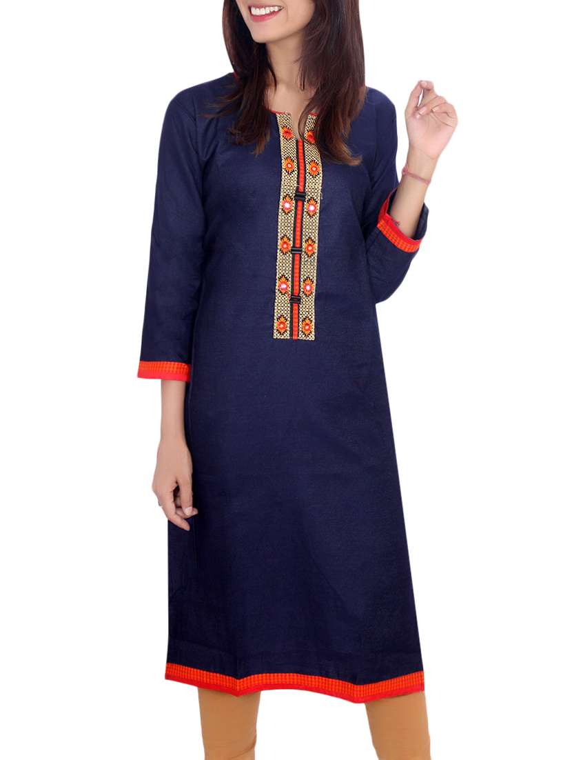 blue denim embroidered straight kurta
