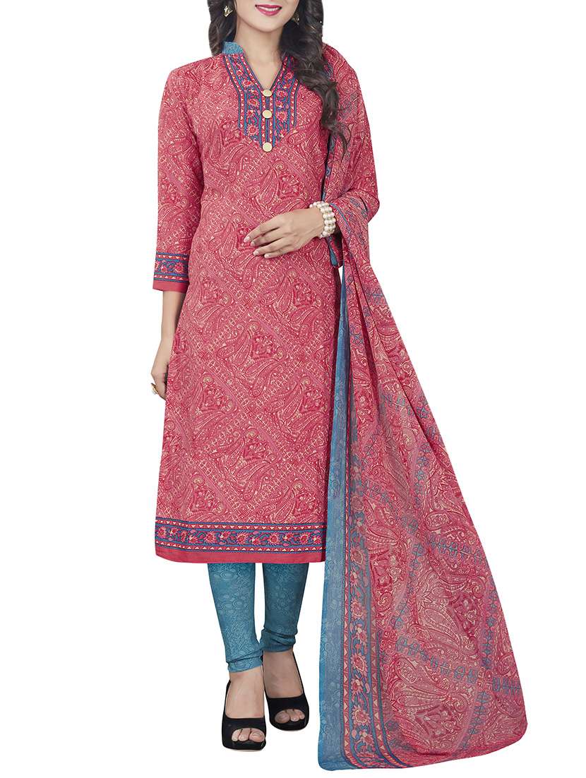 pink crepe printed churidaar suits dress material