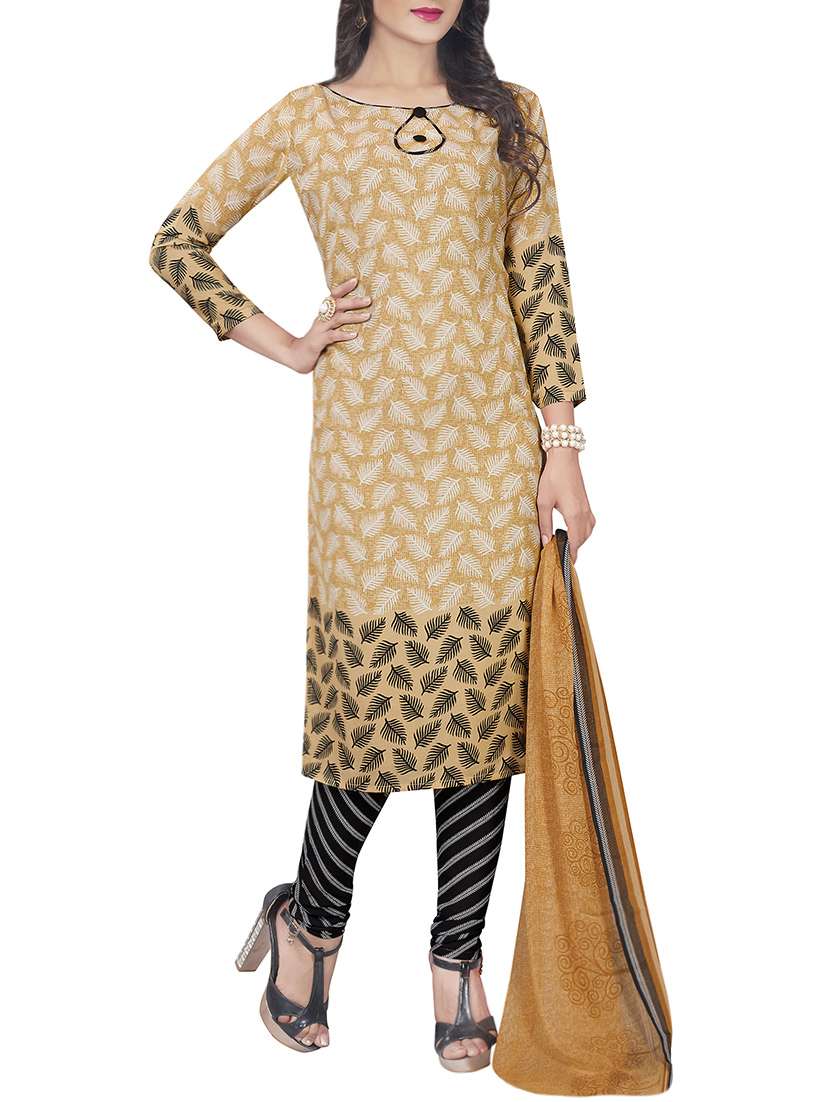 beige crepe printed churidaar suits dress material