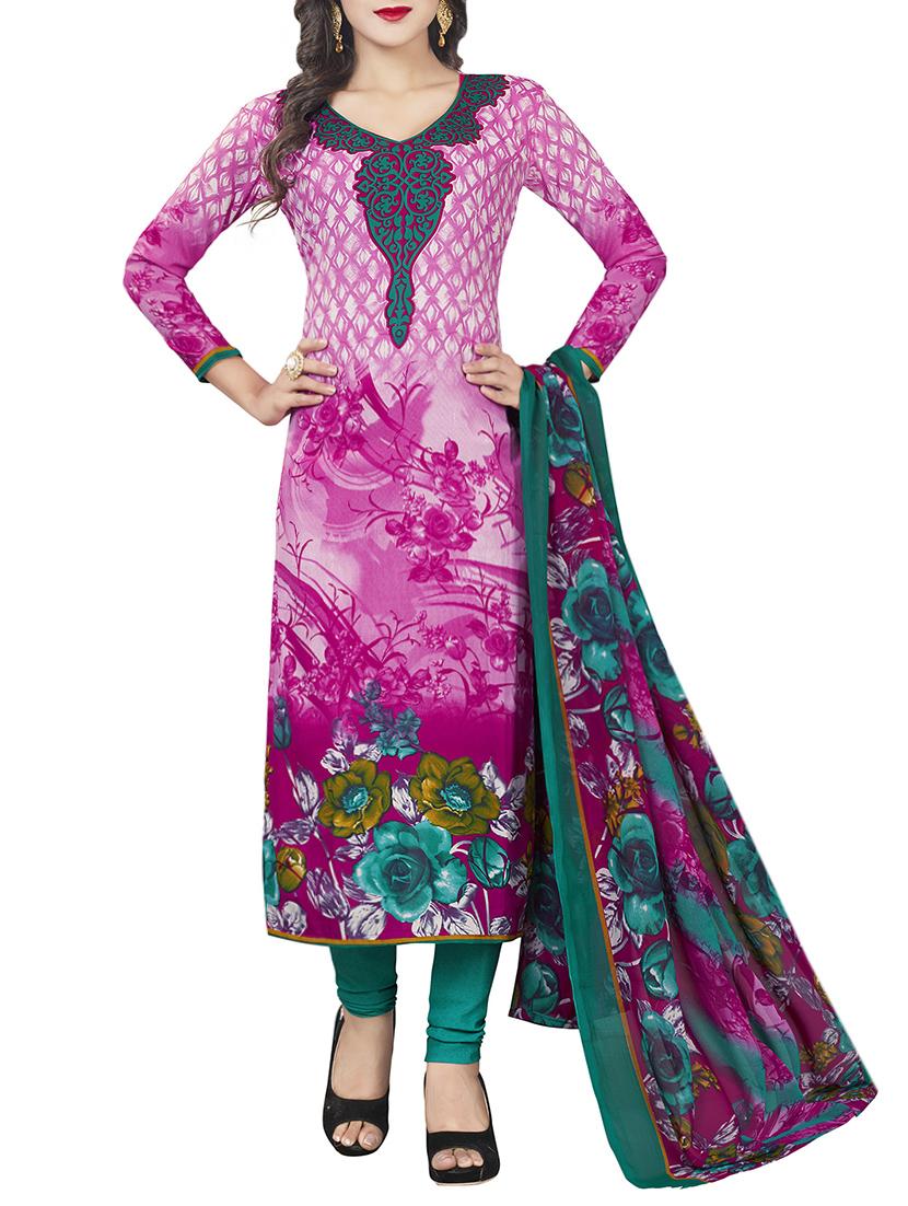 pink crepe printed churidaar suits dress material