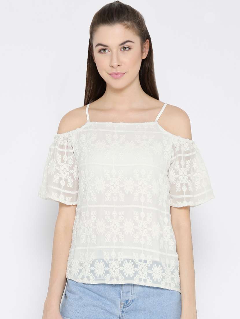 white solid embroidered viscose top