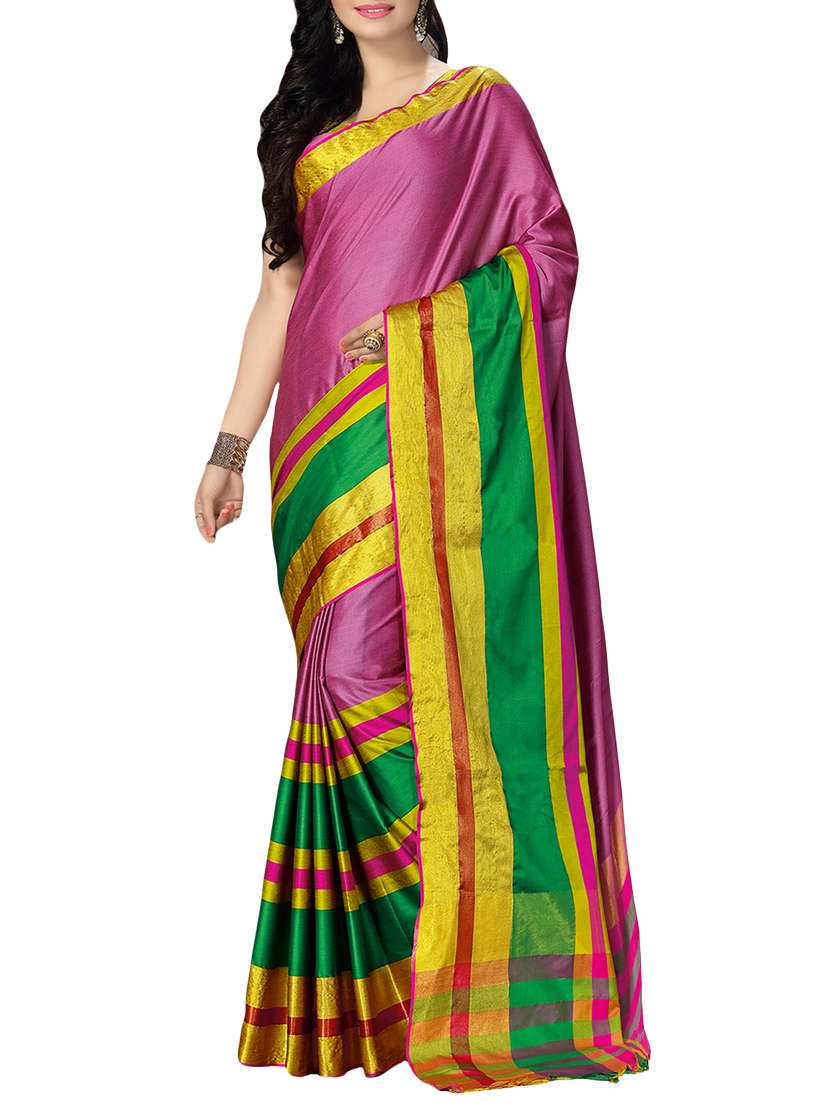 pink cotton blend bordered saree with blouse