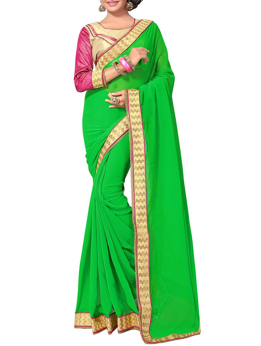 green georgette bordered saree with blouse