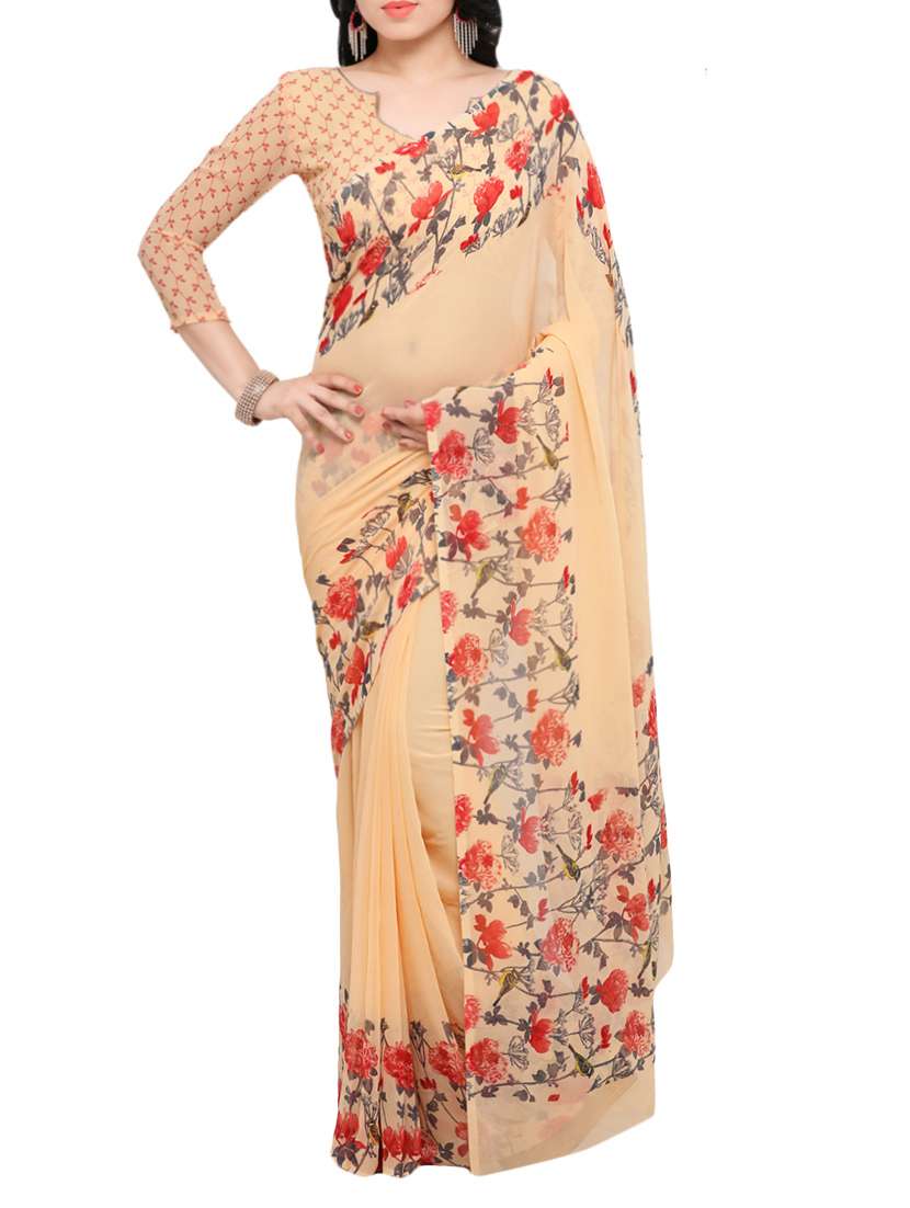 peach georgette printed saree with blouse