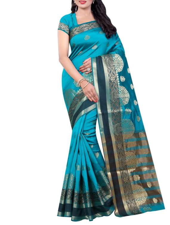 blue cotton silk woven saree with blouse