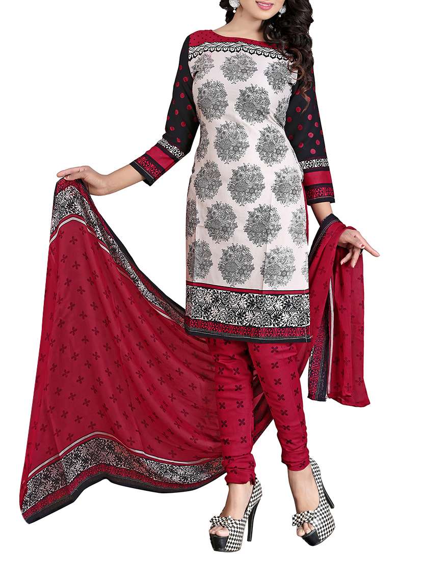 white faux crepe printed dress material