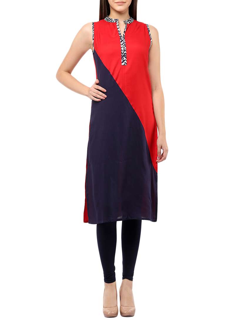 red & blue rayon colour block straight kurta