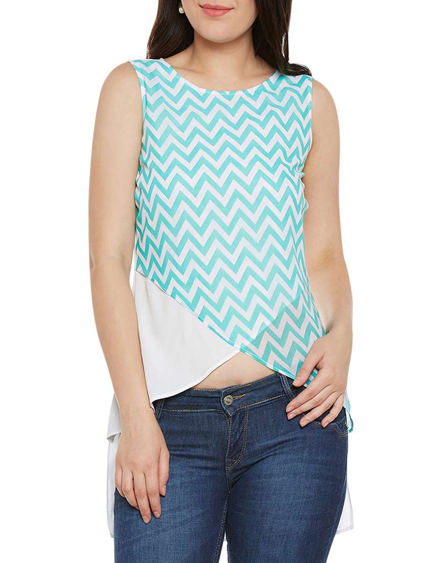 chevron print white & green crepe top