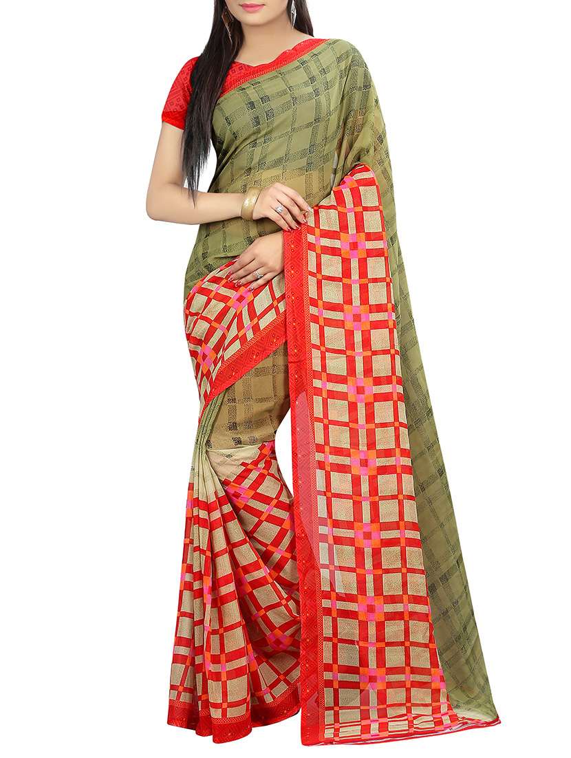 red printed georgette saree with blouse