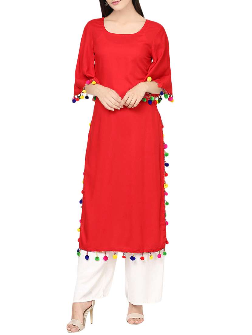 pom pom detail solid straight kurta